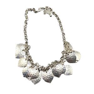 Silver tone double row hammered leaves on silver tone chain bib necklace